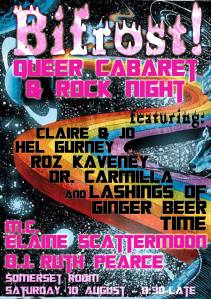 Poster for 'Bifrost' - the Nine Worlds queer cabaret night!