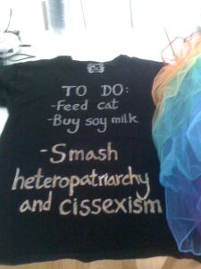 My costume for Transpose as The Queer Agenda - a hand-lettered t-shirt (reading "To Do: - Feed cat - Buy soy milk - Smash heteropatriarchy and cissexism") and a rainbow bustle. I wore this with rainbow galaxy leggings!